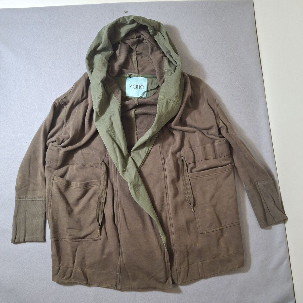 Karlie Oversized Draped Hooded Cardigan Coat Sweater Brown Green Pockets Medium